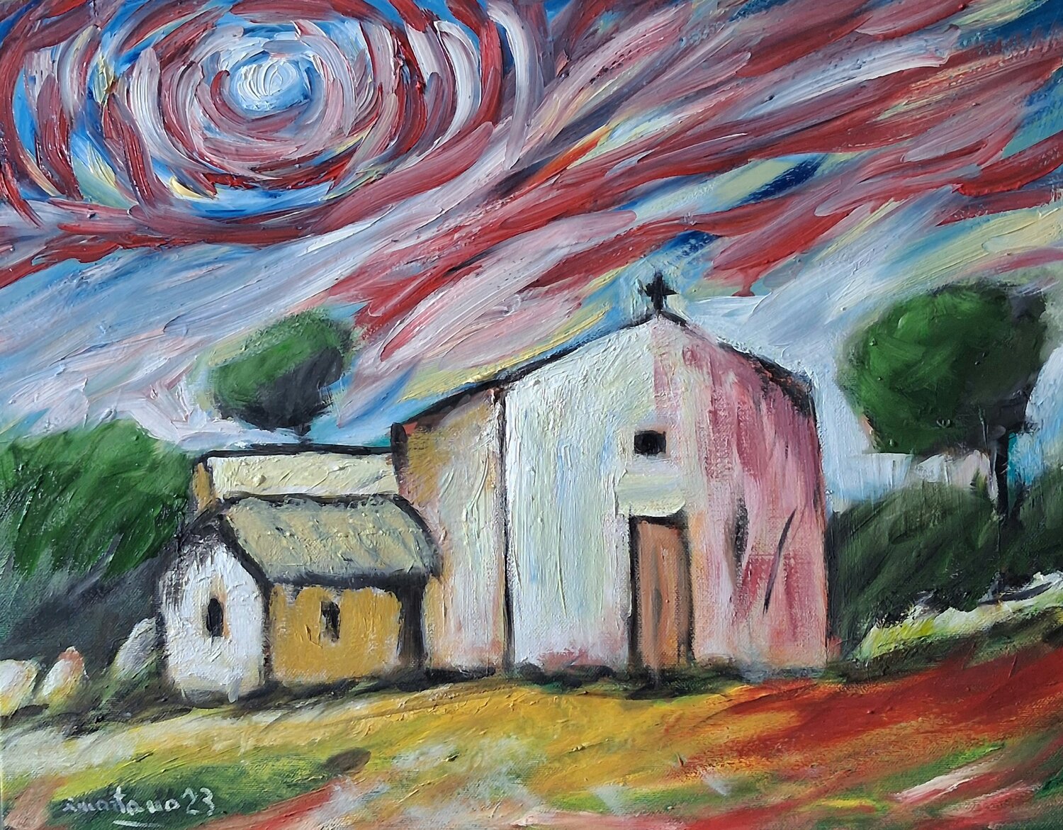 Chiesetta tra i campi-Paesaggio espressionista Enzo Martano Originalgemälde zu verkaufen