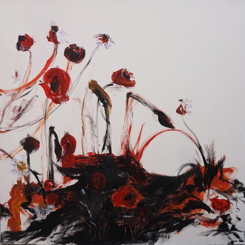 Délicate robe rouge / Douce et veloutée  /  Assourdissants insectes van Kaithya Huc, Schilderij te koop op Singulart