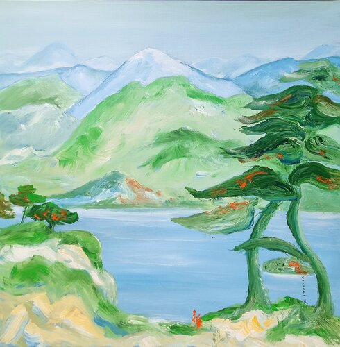 Des montagnes à la rivière / Face a l'immensité / Nourris par le souffle di Kaithya Huc, Pittura in vendita su Singulart