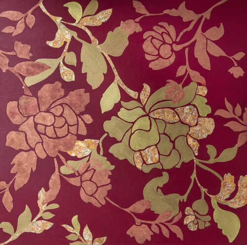 Golden peonies on a burgundy background. von Svetlana Saratova, Malerei kaufen auf Singulart