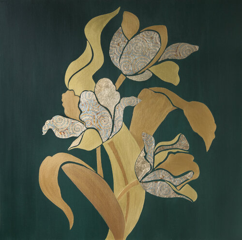 Golden tulip on a green background de Svetlana Saratova, Pintura a la venta en Singulart