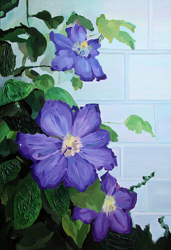 Clematis flowers along a brick wall by Svetlana Saratova, Painting for Sale on Singulart