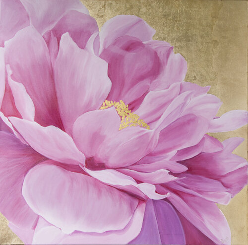 Pink peony on a golden background. by Svetlana Saratova, 油畫 for Sale on Singulart