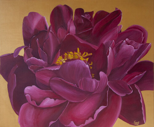 Raspberry peony on a golden background. von Svetlana Saratova, Malerei kaufen auf Singulart