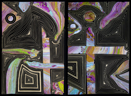 Metamorphosis, golden lines. Collage. Diptych by Svetlana Saratova, 종이 for Sale on Singulart