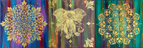 Golden mandala and elephant. Triptych. von Svetlana Saratova, Malerei kaufen auf Singulart