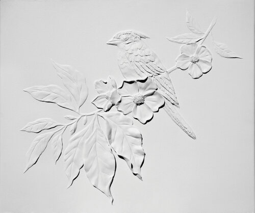 Textured bird on a branch. Bas-relief. von Svetlana Saratova, Malerei kaufen auf Singulart