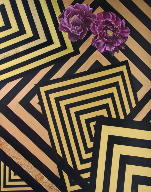 Peonies on black gold graphic Svetlana Saratova