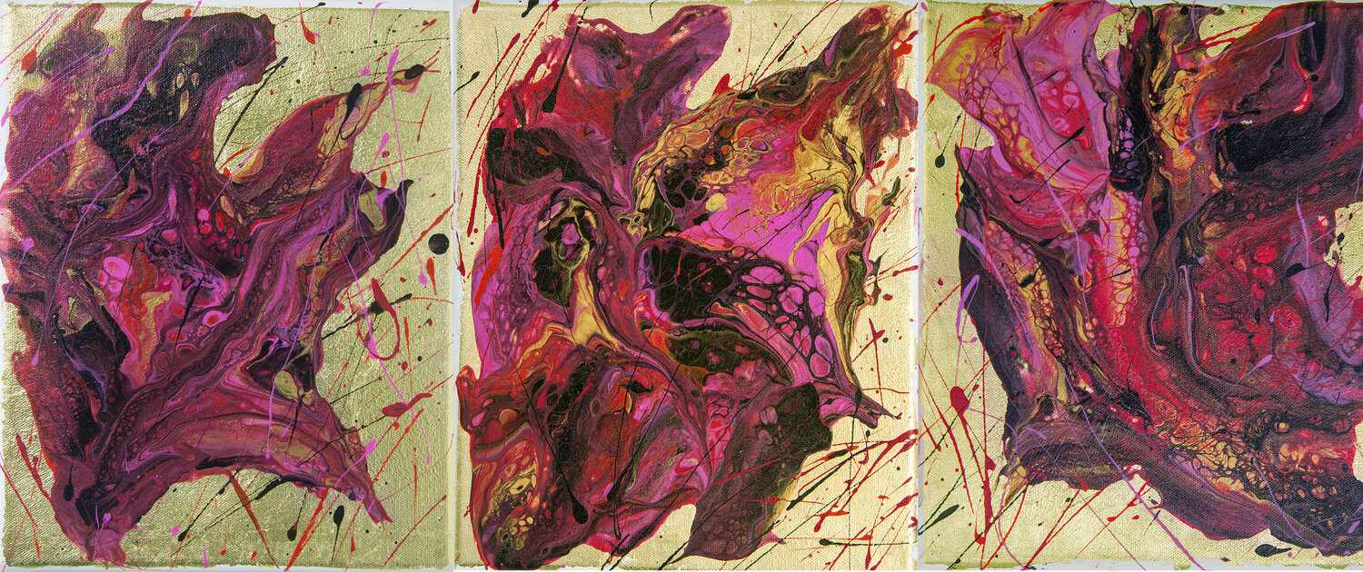Magenta abstraction on a gold background. Triptych Svetlana Saratova Originalgemälde zu verkaufen