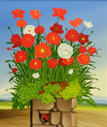 Unter roten Blüten van Siegbert Hahn, Schilderij te koop op Singulart