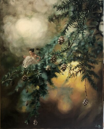 Fairy on Conifer by Behnaz Larsen, 油畫 for Sale on Singulart