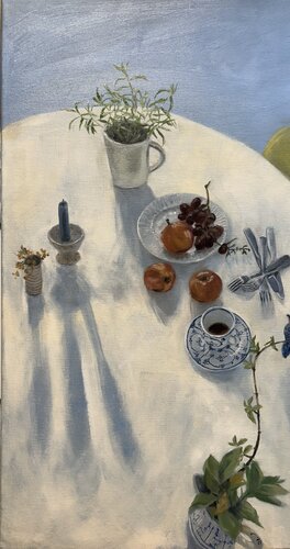 Breakfast in Blue room by Behnaz Larsen, 油畫 for Sale on Singulart