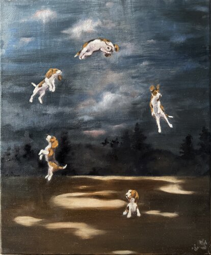 Fifi Chasing an Illusive Ball di Behnaz Larsen, Pittura in vendita su Singulart