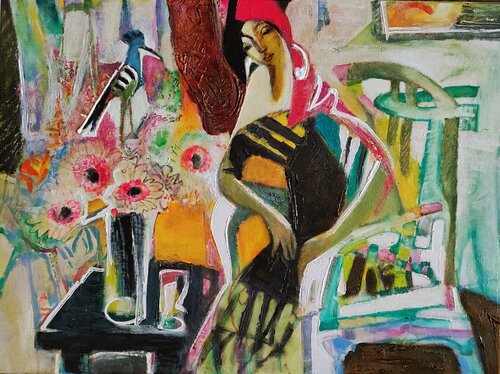 In the interior with  hoopoe by Galya Didur, 油畫 for Sale on Singulart
