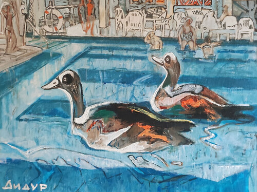 Egyptian geese in the pool by Galya Didur, Painting for Sale on Singulart