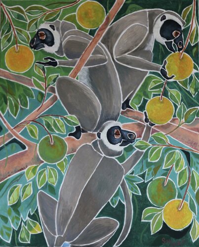 Monkeys and oranges by Sinclair Webster, 회화 for Sale on Singulart
