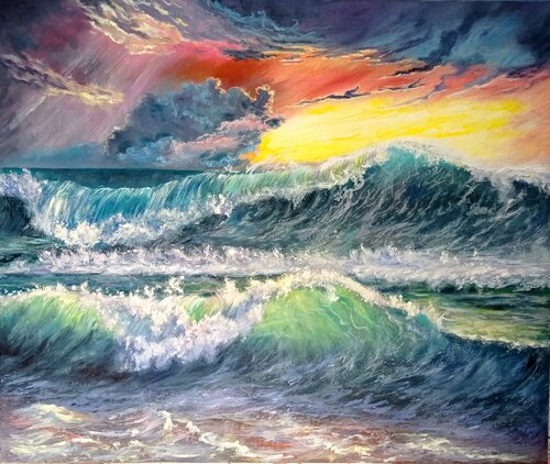 Onda gigante al tramonto del oceano. di Viktoriya Filipchenko, Pittura in vendita su Singulart