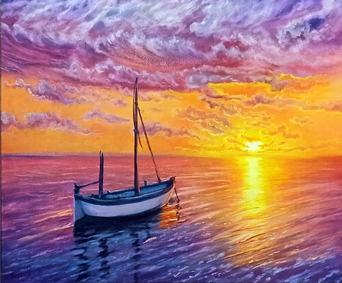 Pink Sunset With A Boat. von Viktoriya Filipchenko, Malerei kaufen auf Singulart