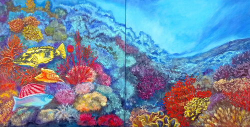 Diptych Colored Coral Reef Underwater World. de Viktoriya Filipchenko, Pintura a la venta en Singulart