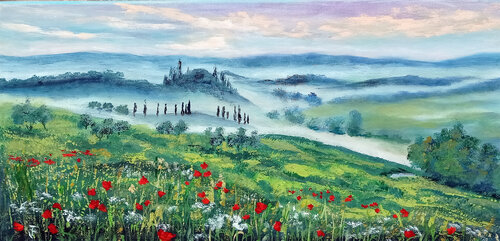 Tuscany Poppy Field On Morning. van Viktoriya Filipchenko, Schilderij te koop op Singulart