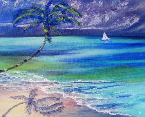 Sailboat On Stormy Ocean . di Viktoriya Filipchenko, Pittura in vendita su Singulart