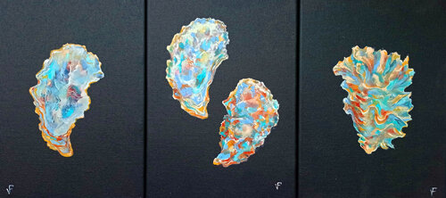 The Triptych Shells Oysters Molluscs. van Viktoriya Filipchenko, Schilderij te koop op Singulart