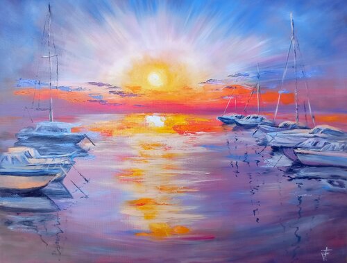 Barca Al Tramonto, Paesaggio Marino. van Viktoriya Filipchenko, Schilderij te koop op Singulart