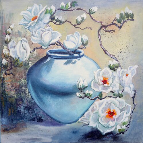 Magnolia bianca in vaso. de Viktoriya Filipchenko, Pintura a la venta en Singulart