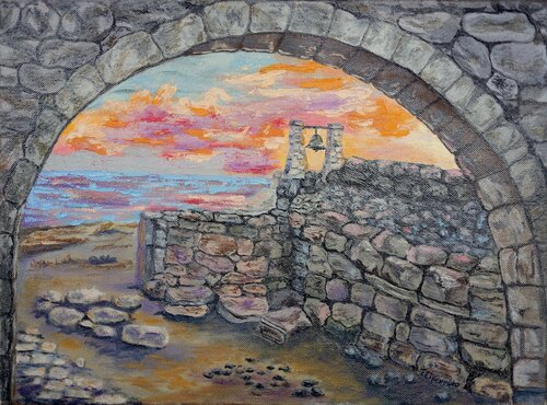 Medieval Fortress Ruins Painting Sunset Landscape . van Viktoriya Filipchenko, Schilderij te koop op Singulart