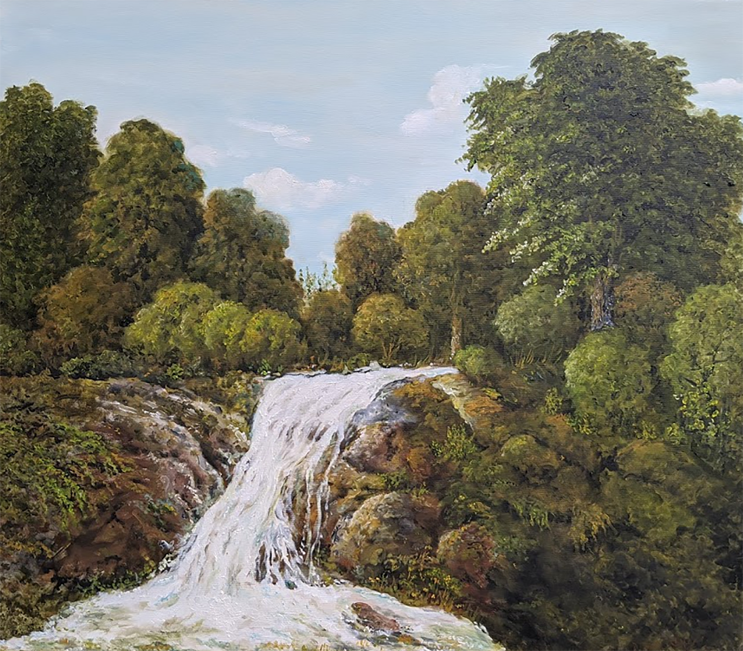A waterfall in the forest by nima novik (2020) : Painting Oil on Canvas -  Singulart, image size:1500x1315
