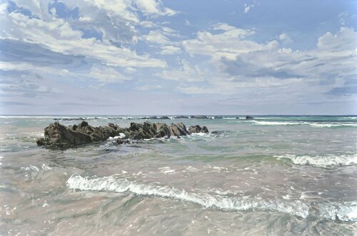 Plage à Plozévet, nuages d'été di Anne Baudequin, Pittura in vendita su Singulart