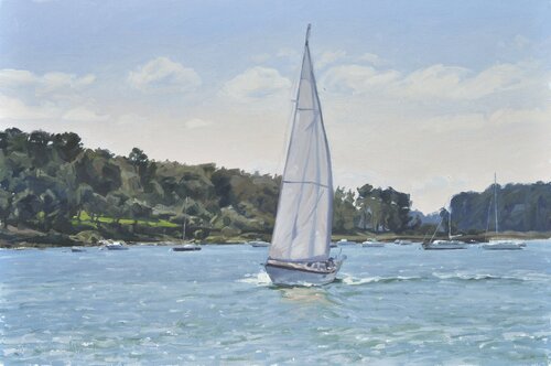 Voilier dans le golfe du morbihan, lumière du matin di Anne Baudequin, Pittura in vendita su Singulart