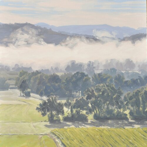 Six septembre, vallée de la Loire, brumes matinales di Anne Baudequin, Pittura in vendita su Singulart