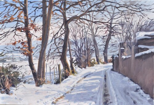 Chemin dans la neige à Saint Vincent di Anne Baudequin, Pittura in vendita su Singulart