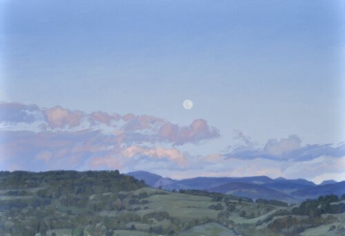 Six mai, lever de lune au-dessus des monts di Anne Baudequin, Pittura in vendita su Singulart