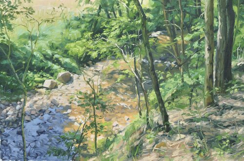 Les deux rochers, bords de la Sumène di Anne Baudequin, Pittura in vendita su Singulart