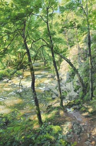 Les quatre arbres au bord de la Sumène van Anne Baudequin, Schilderij te koop op Singulart