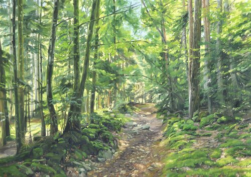 Chemin sous bois, en été di Anne Baudequin, Pittura in vendita su Singulart