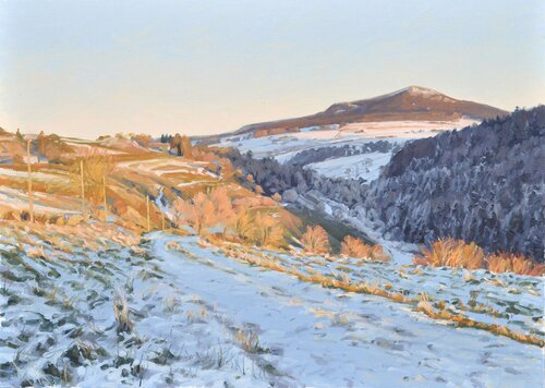 Neige sur le massif du Mézenc, soleil couchant van Anne Baudequin, Schilderij te koop op Singulart
