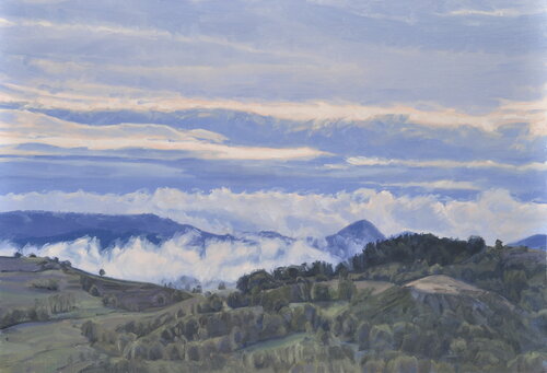 Les Roches de Mariol dans la brume, lumière du matin di Anne Baudequin, Pittura in vendita su Singulart