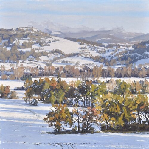 Neige sur la vallée, lumière du soir van Anne Baudequin, Schilderij te koop op Singulart