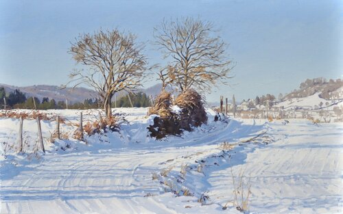 Chemin de campagne sous la neige di Anne Baudequin, Pittura in vendita su Singulart