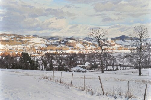 Neige sur les monts du Velay, lumière du soir di Anne Baudequin, Pittura in vendita su Singulart