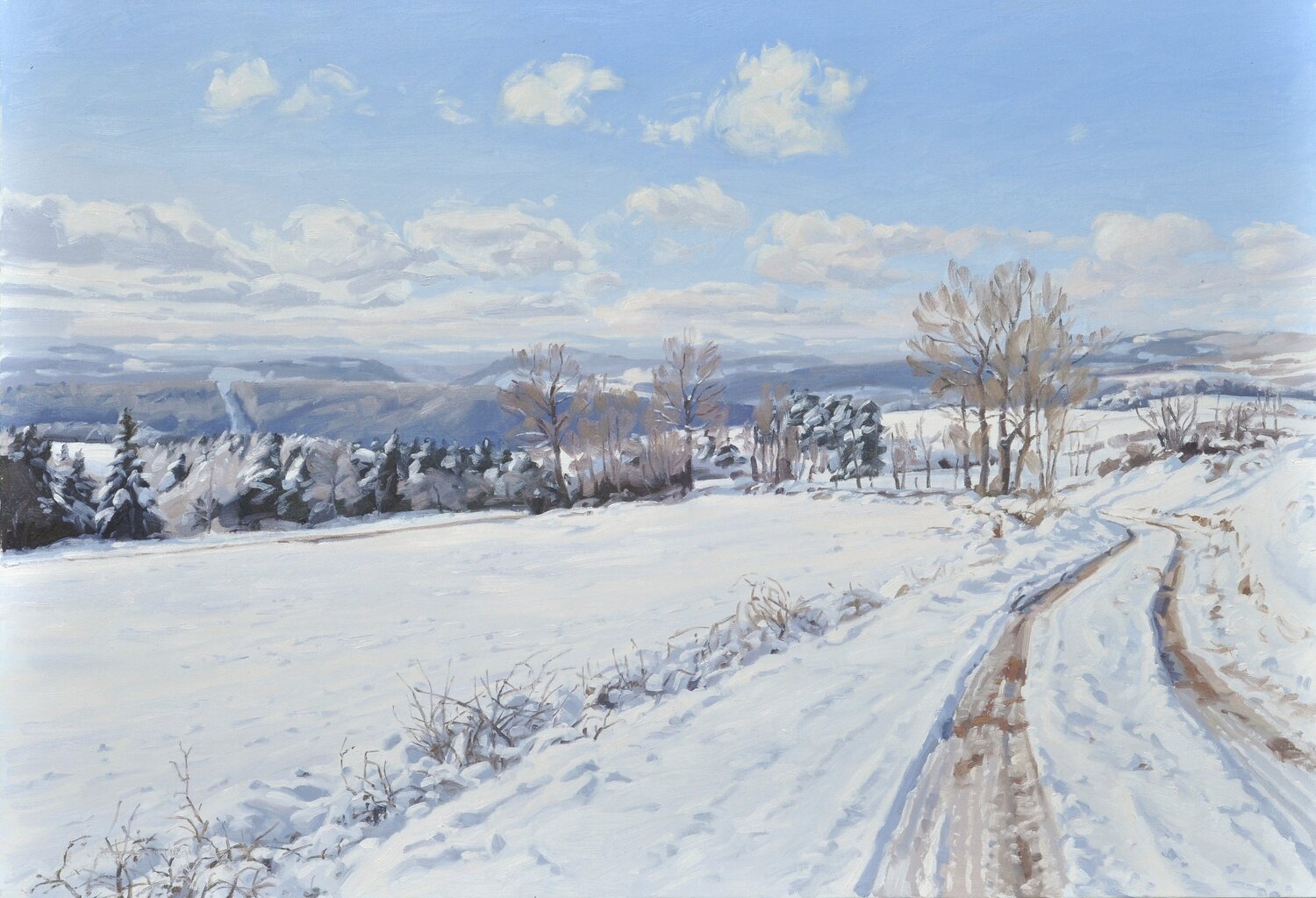 Chemin dans les monts du Velay enneigés Anne Baudequin Originalgemälde zu verkaufen