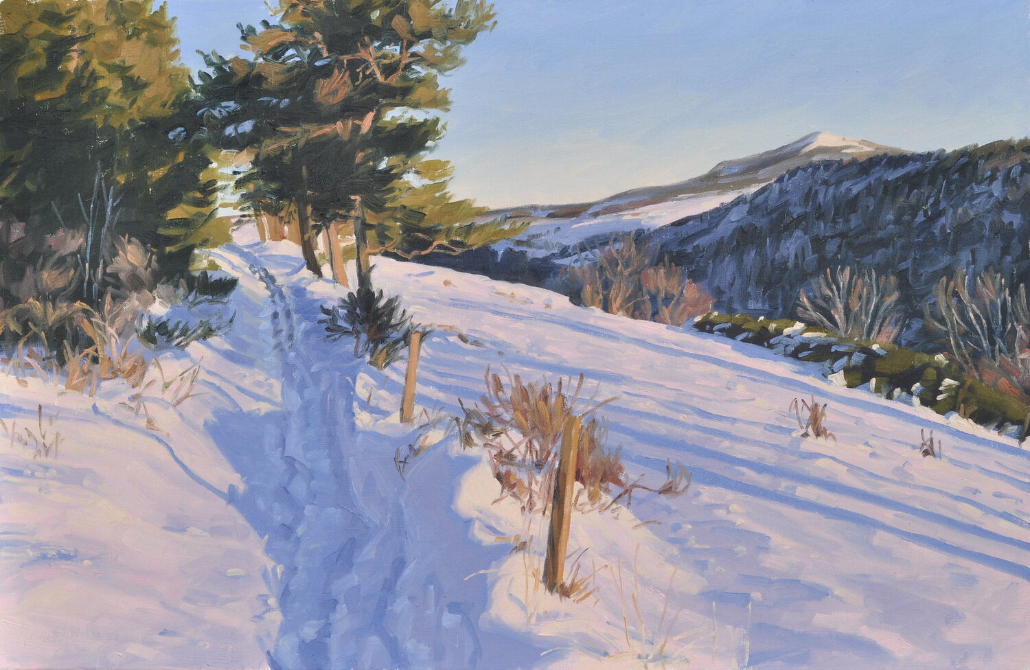 Chemin enneigé sur le Massif du Mézenc Anne Baudequin Originalgemälde zu verkaufen