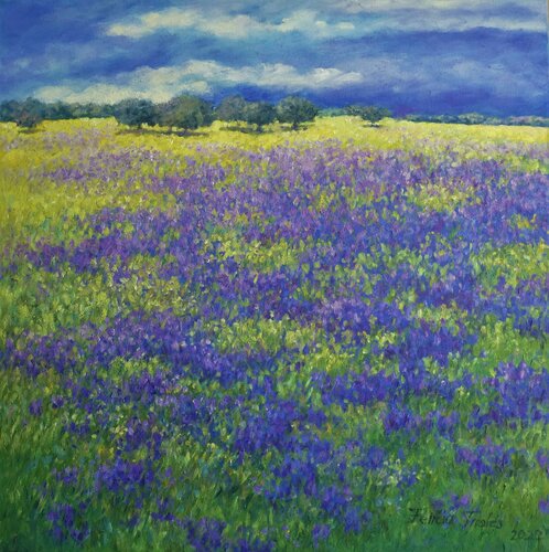 Landscape with Purple Flowers van Felicia Trales, Schilderij te koop op Singulart