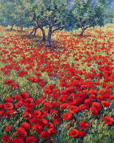 Red Poppys Hill van Felicia Trales, Schilderij te koop op Singulart