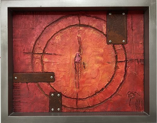 O.T. - Rot Strukturen, Originalbild  Mischtechnik auf Holz mit Blockrahmen - 50 x 40 cm by Rudi Eckerle, Painting for Sale on Singulart