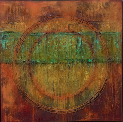 O.T. - Originalbild / Rost, Oxidation, Strukturen -  Mixed Media / Rost auf Leinwand mit Schattenfugenrahmen. par Rudi Eckerle, Peinture en vente sur Singulart