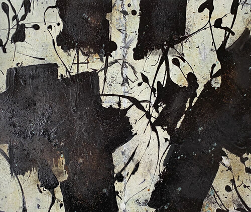 O.T. - Weiß & Schwarz  - Originalbild  Mischtechnik  Acryl, Pigmente, Oxidation auf Papier mit Passepartout / Größe 50 x 60 cm par Rudi Eckerle, Peinture en vente sur Singulart